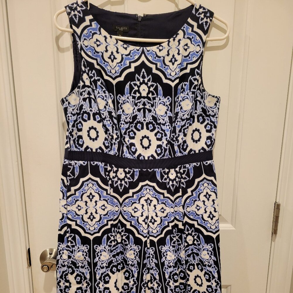 Talbots Blue and White Sleeveless Fit and Flare Dress, Size 10P
